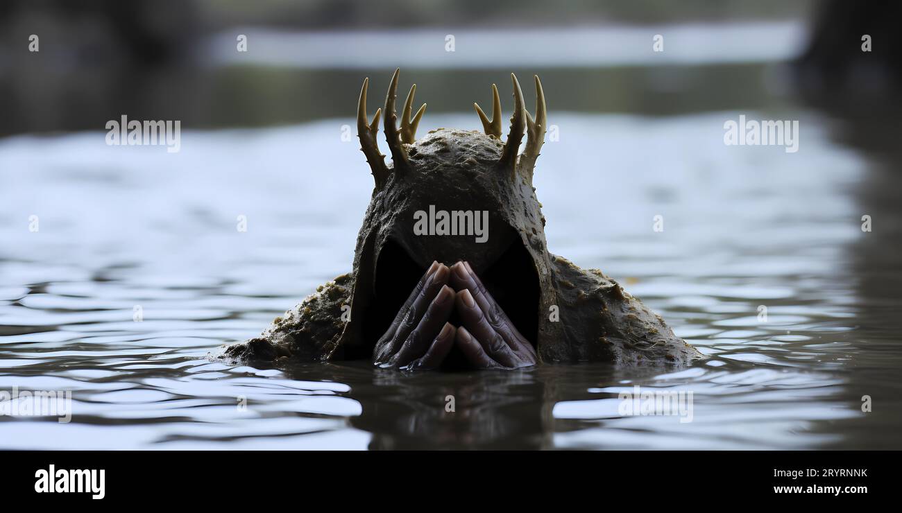 A close-up picture of a fantastical creature with reptilian skin and horns, submerged in a murky aquatic environment Stock Photo