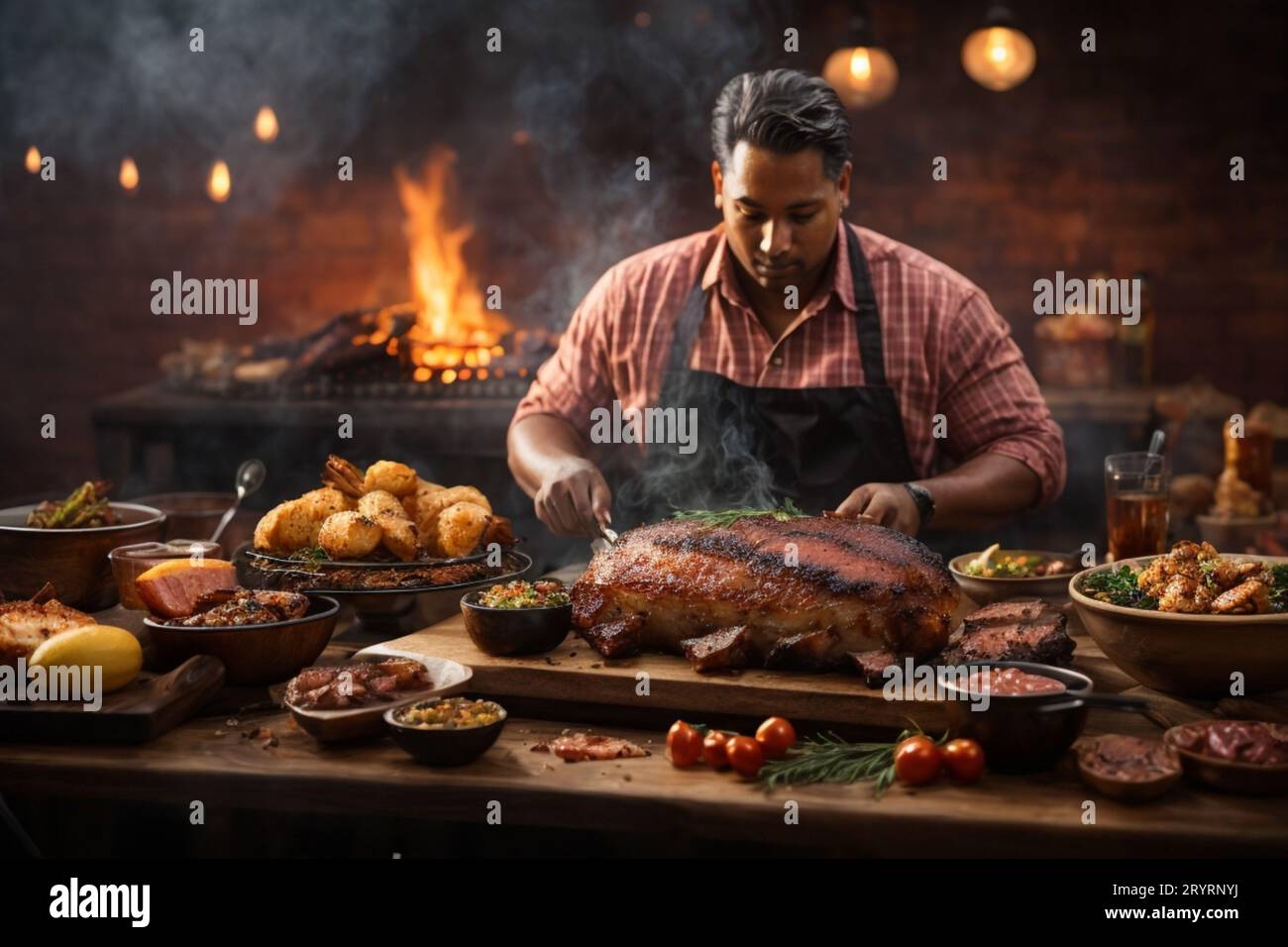 A young man grilling a selection of meats and fresh vegetables on a barbecue Stock Photo