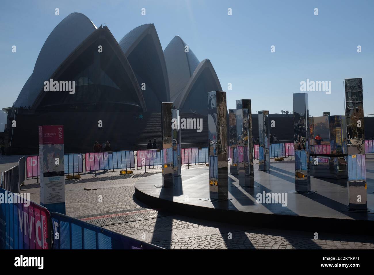 The Sydney Opera House forecourt on a sunny winters morning with a mirror installation (27