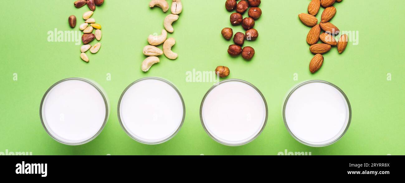 Set of vegan non diary milk. Health care, diet and nutrition concept. Banner format Stock Photo