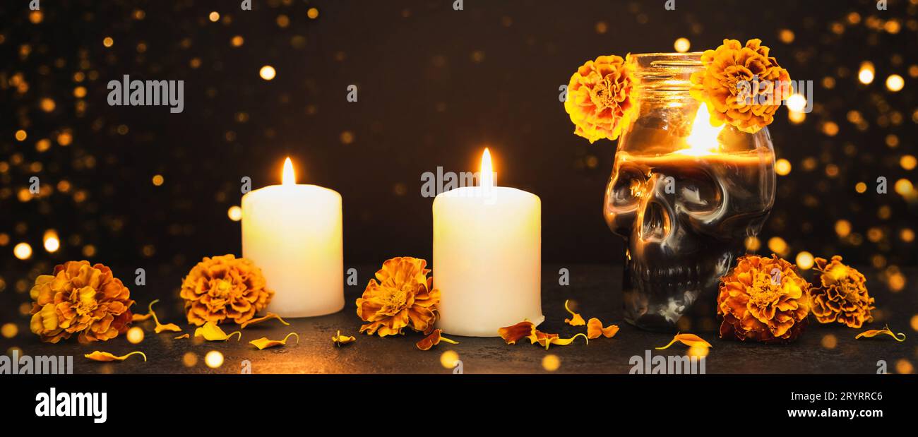 Black Banner with Burning candles, Skull and marigold flowers. Dia de ...