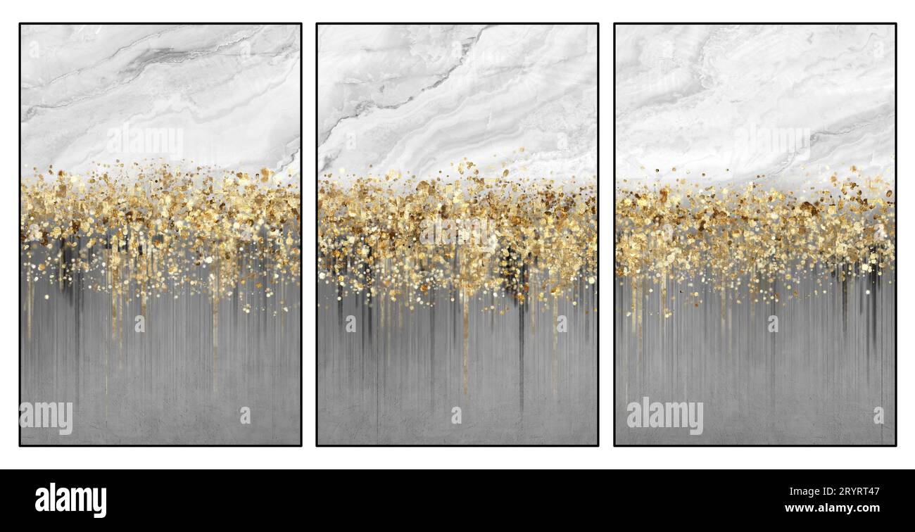 3d abstract modern minimalist drawing art wallpaper for living room wall decor. artwork, watercolor painting. golden, black and gray background Stock Photo