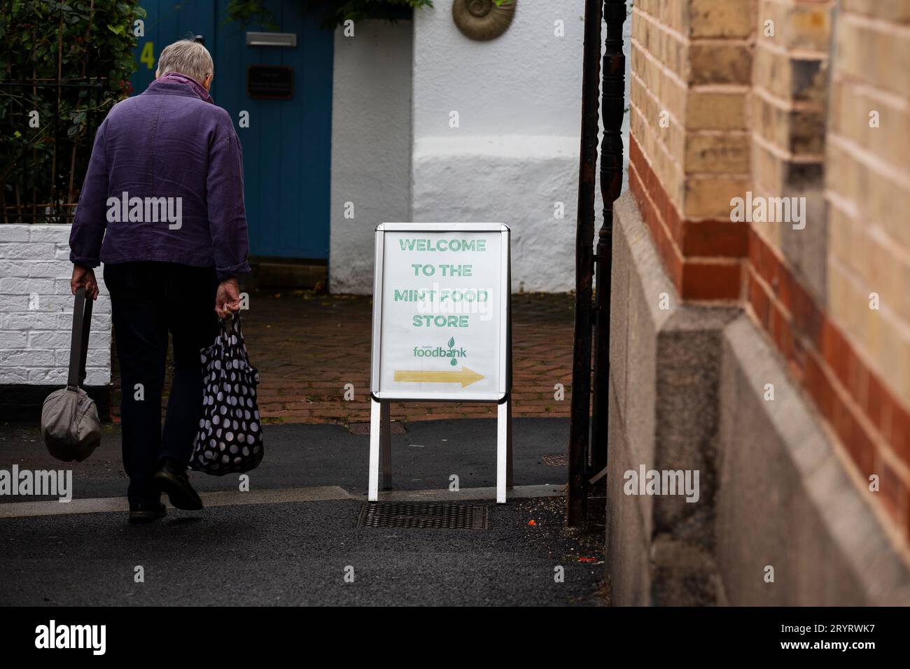 Exeter Food bank stand up sign for Trussell Trust in Exeter City October 2023 Stock Photo