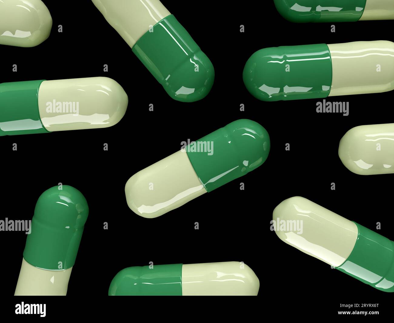 Fluoxetine capsules for treatment of depression.  3D render. Stock Photo