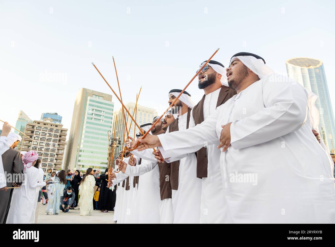 Abu Dhabi, UAE - January 21, 2023: Traditional Emirati male Al Ayalah dance at Al Hosn Festival Stock Photo