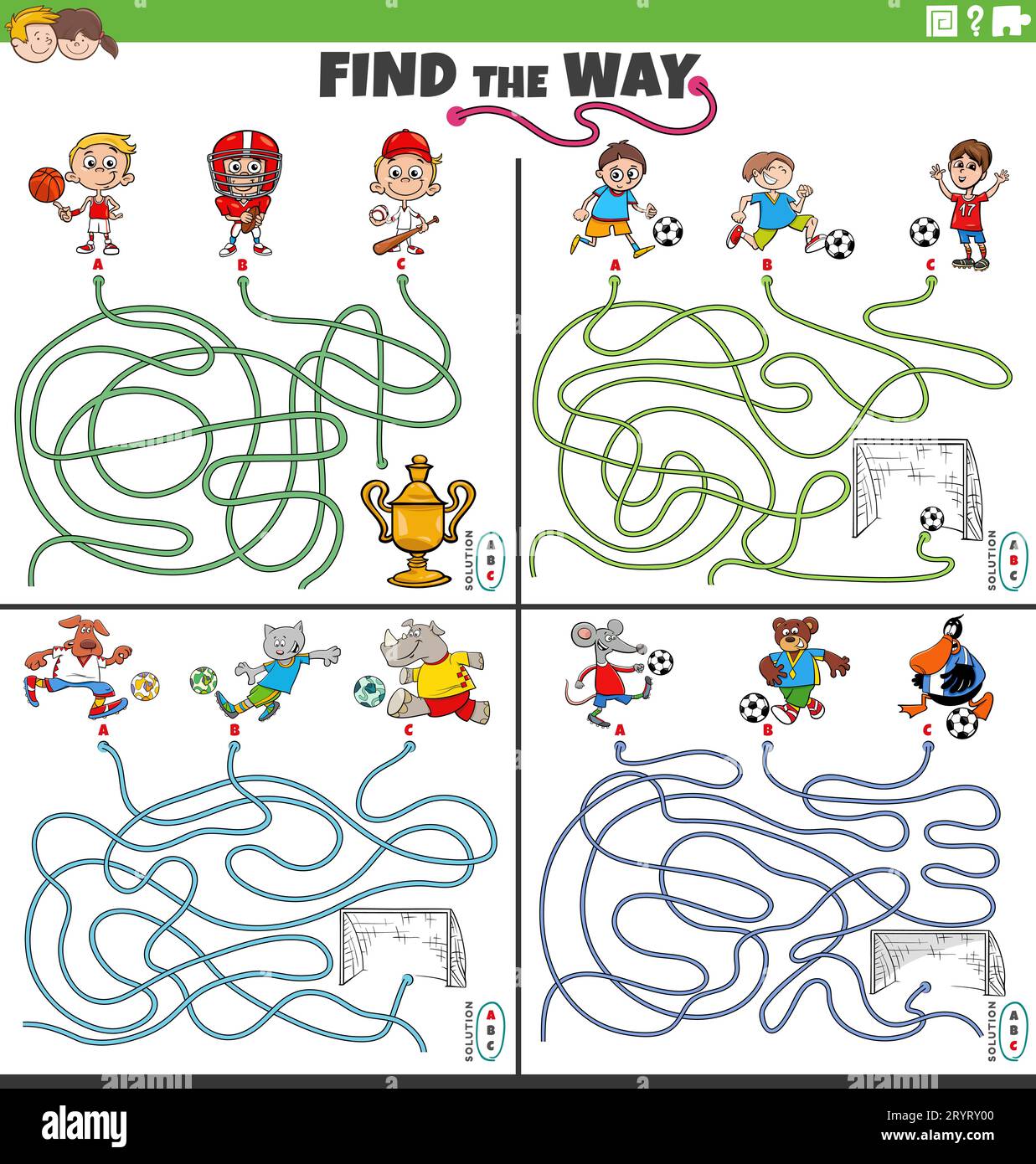 Cartoon illustration of find the way maze puzzle activities set with children and animal characters playing sport games Stock Photo