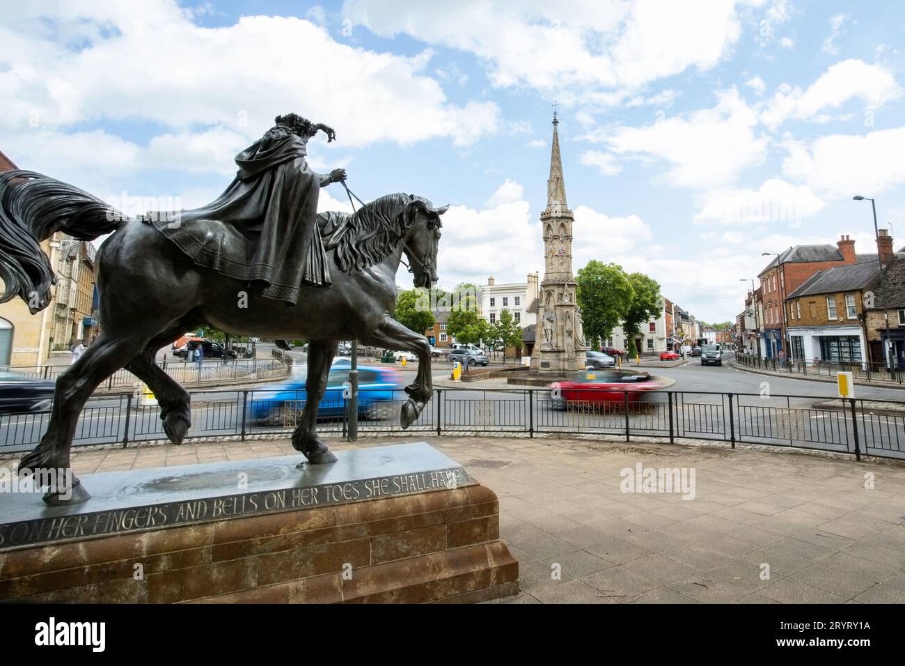Busy Town Centre Of Banbury With Statue Of Fine Lady On Horse In 