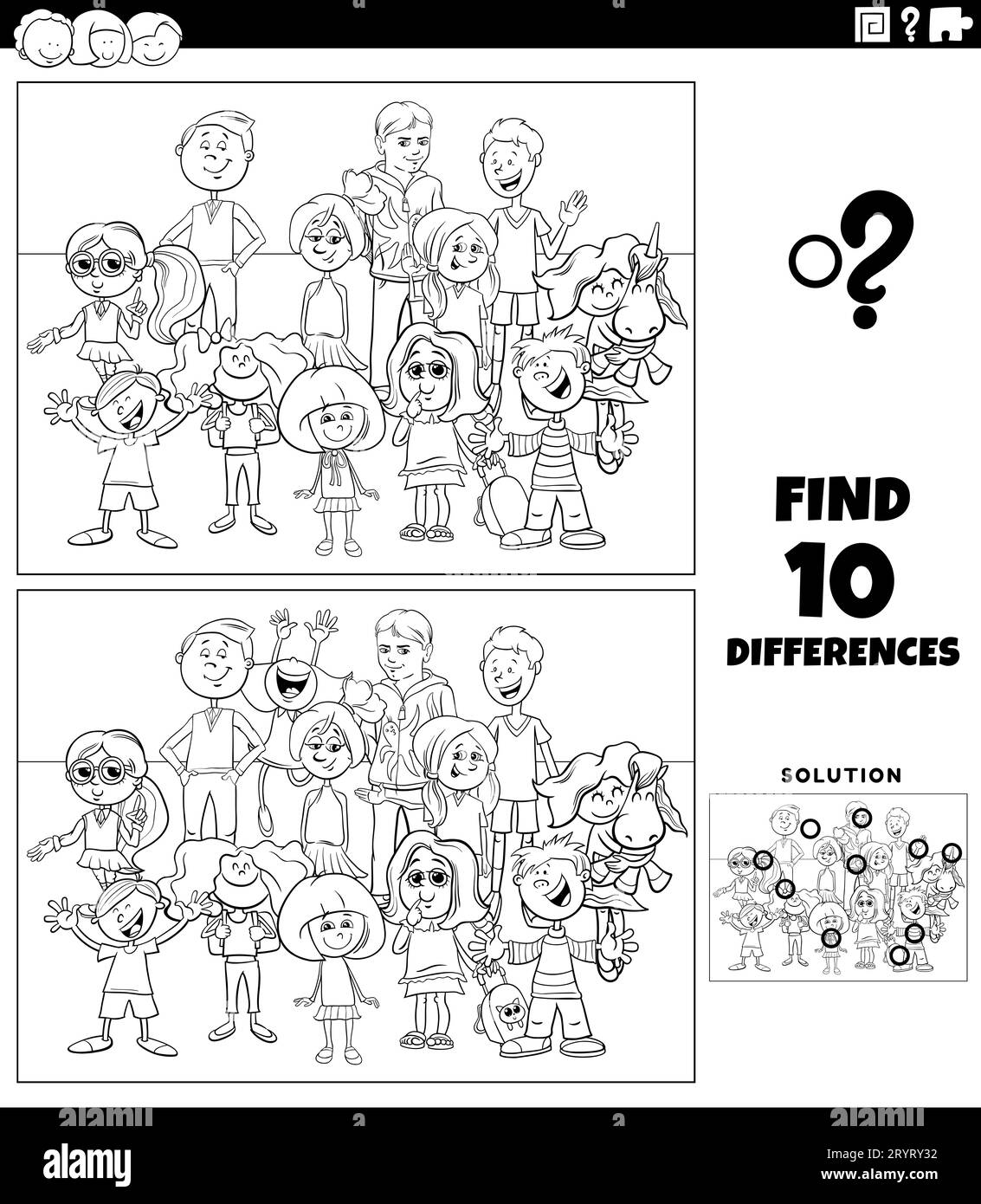 Black and white cartoon illustration of finding the differences between
