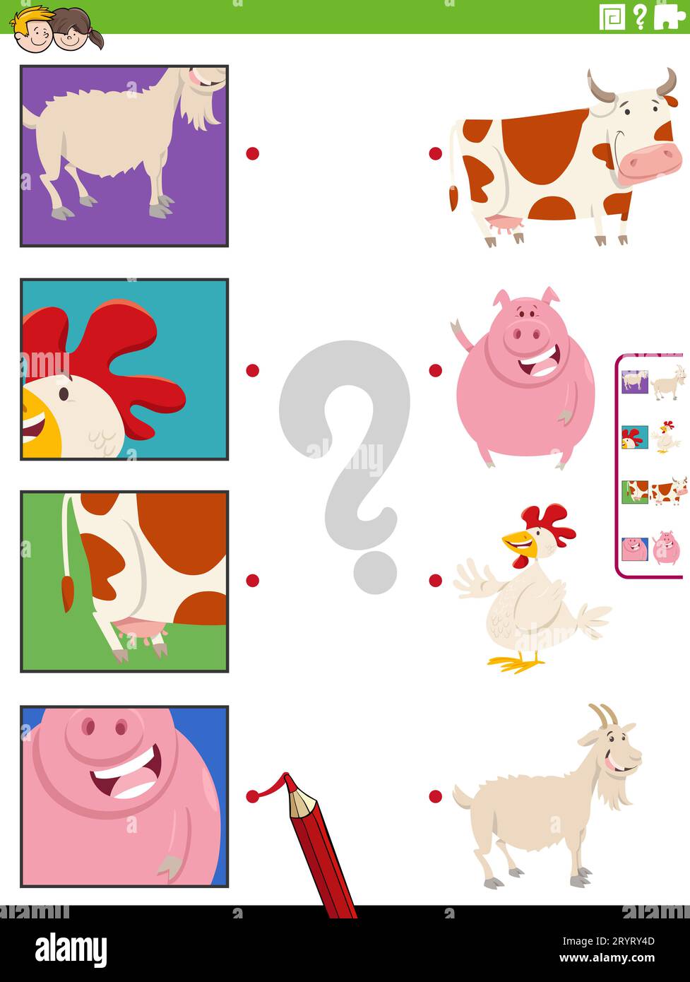 Cartoon illustration of educational matching game with farm animals and ...