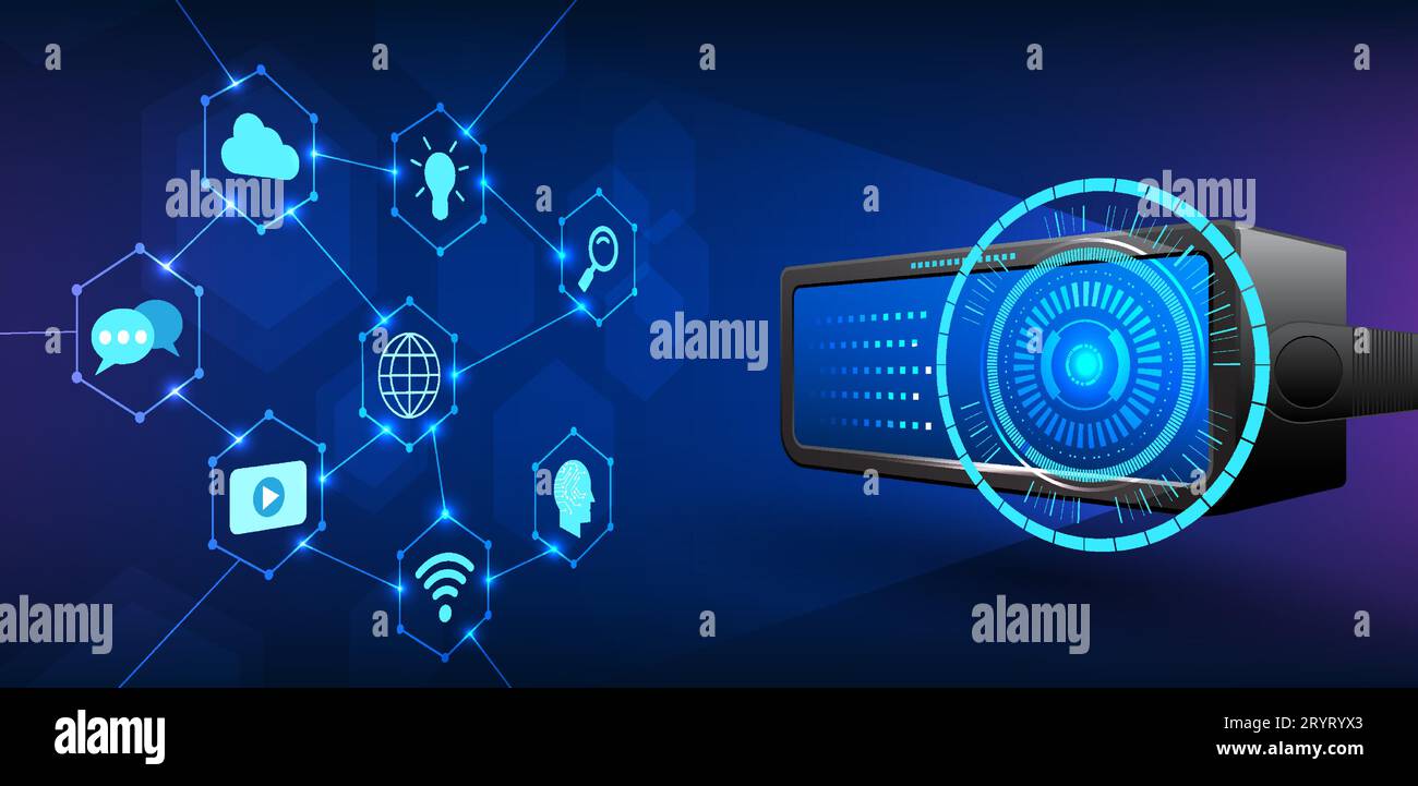 VR technology. VR glasses with technology screen display looking at icons. It represents an entry into a virtual world that works with entertainment, Stock Vector