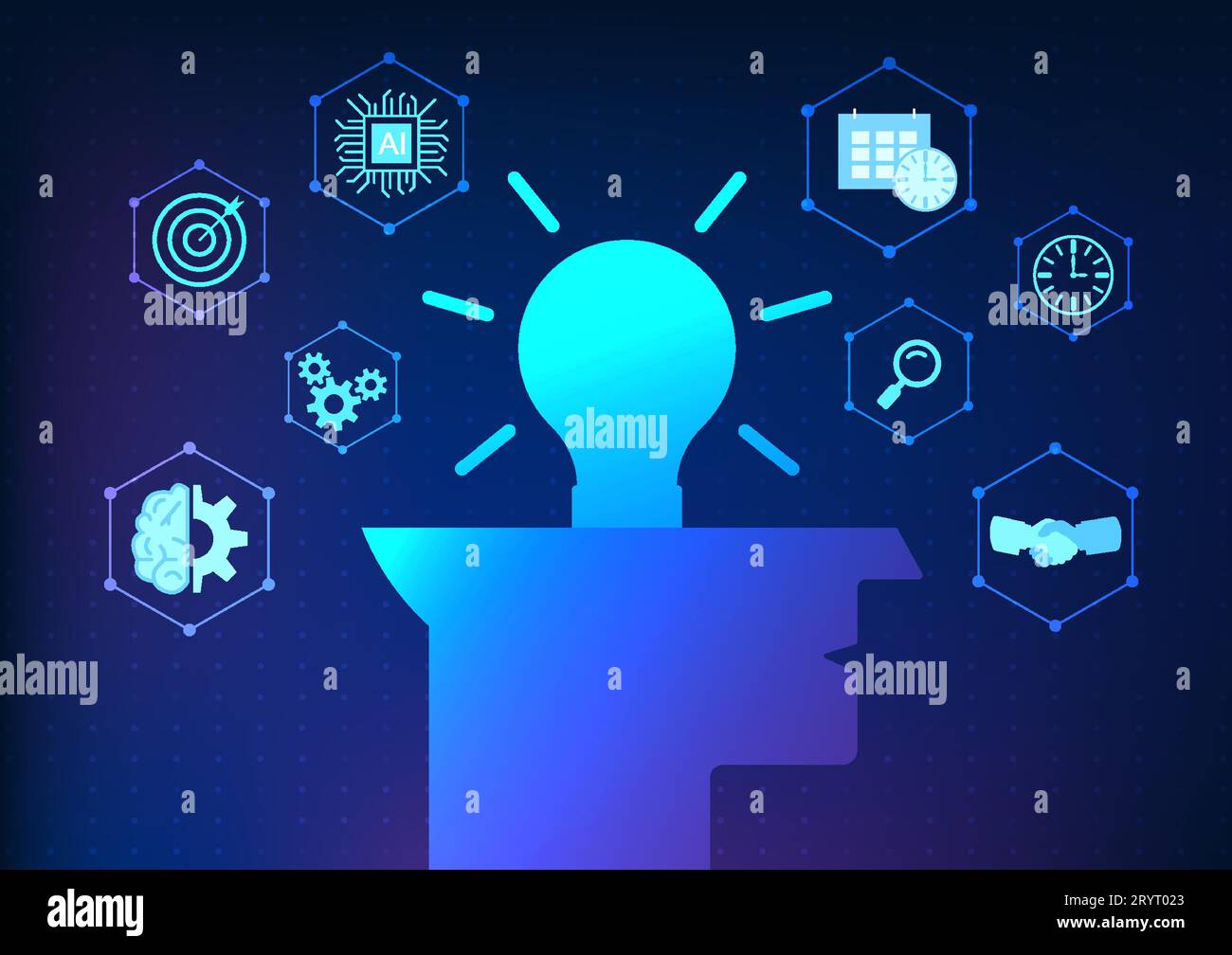 Artificial intelligence technology There is a light bulb in the center of the head with a technology icon that means AI helps find a single idea to do Stock Vector