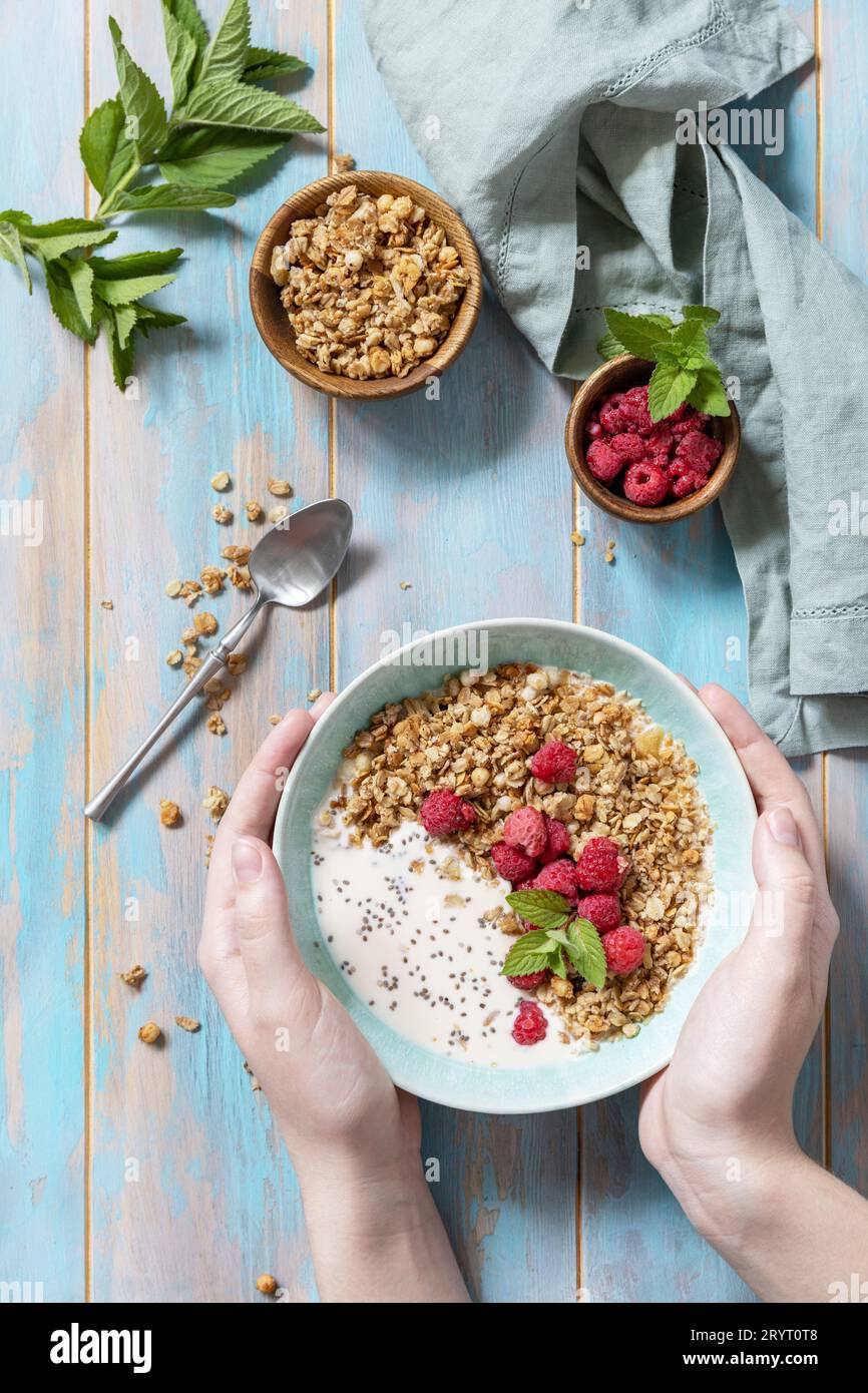 Diet nutrition concept. Healthy breakfast cereal bowl homemade granola