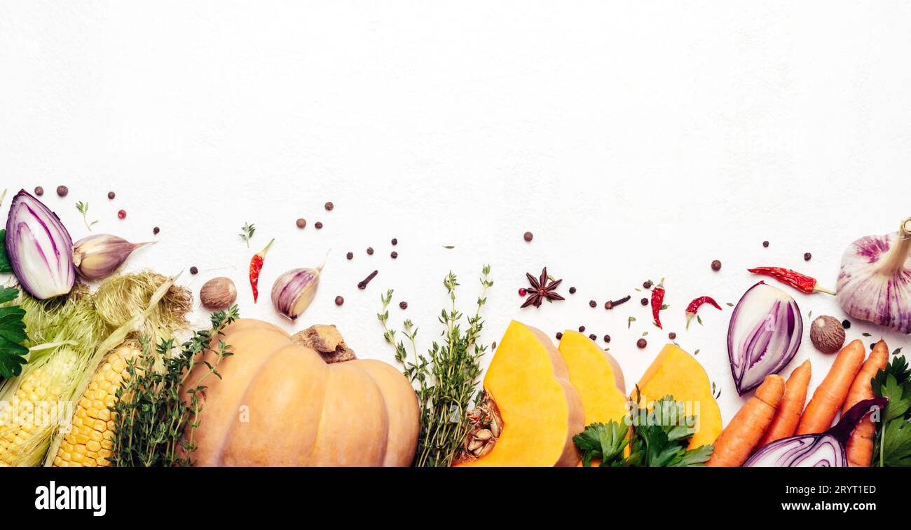 Set of seasonal vegetables on white background. Vegetarian food ingredients. Healthy farm products. Banner for site Stock Photo