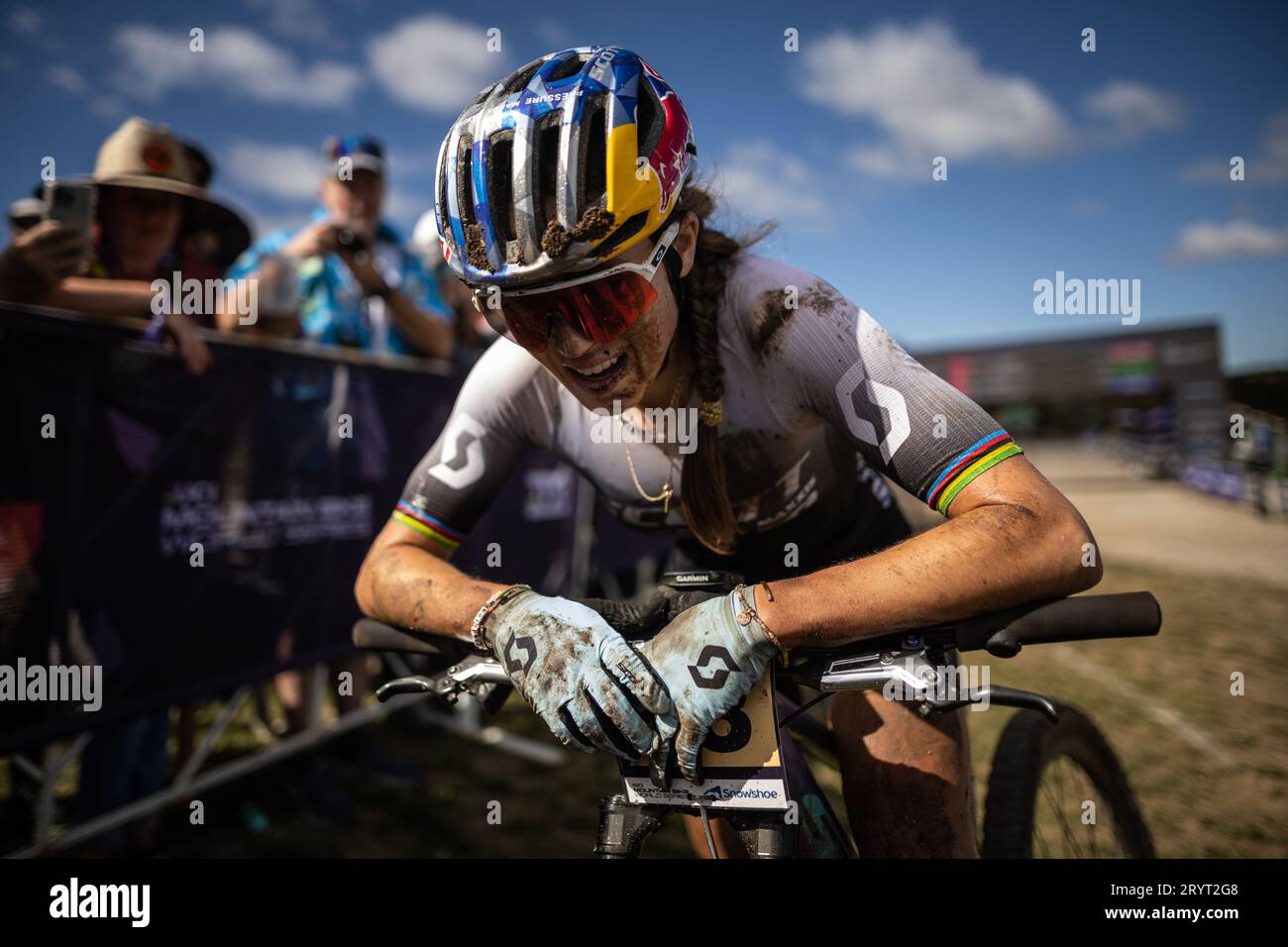 Kate Rider American rider Kate Courtney at the finish line of the UCI Mountain ...