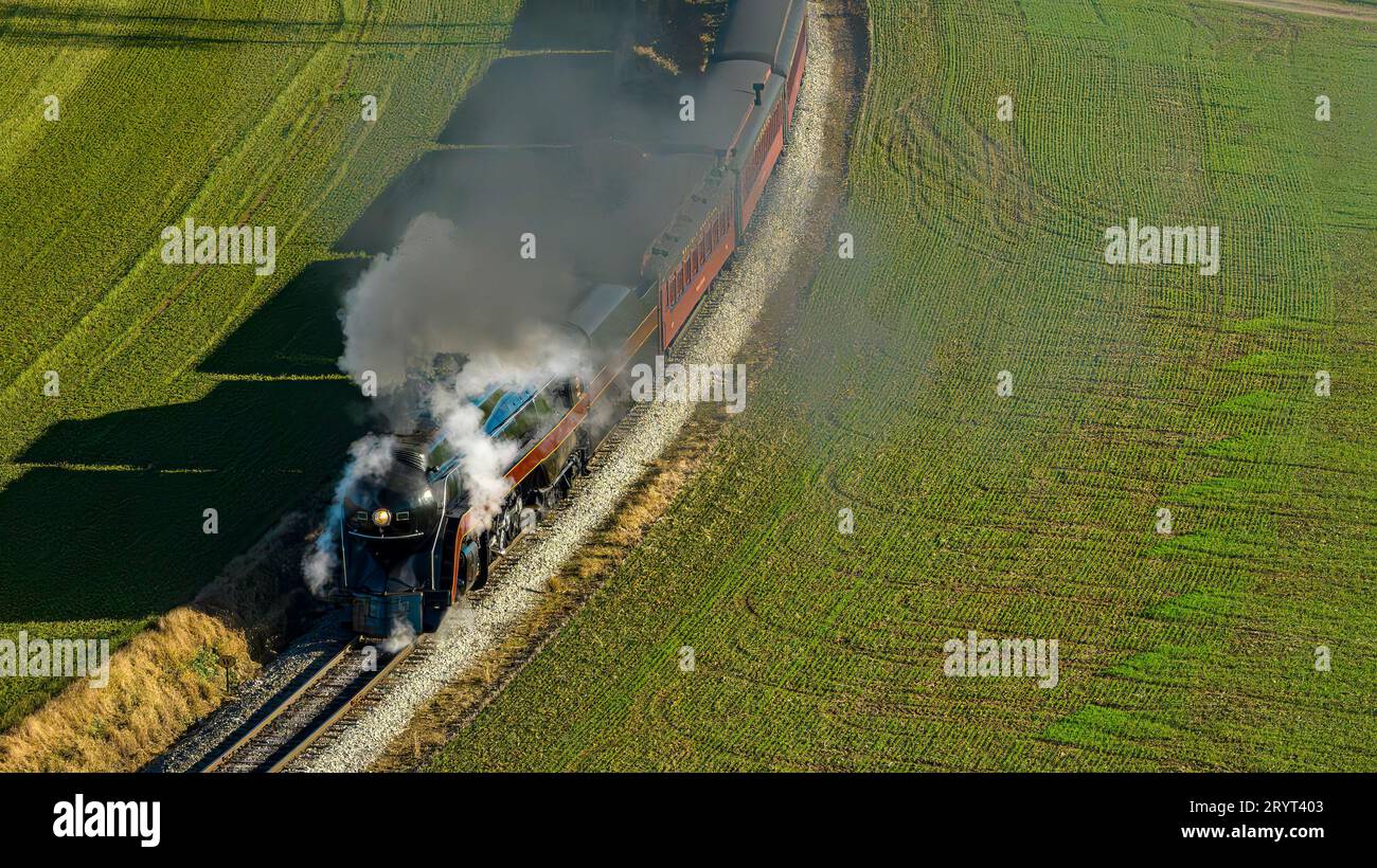 An industrial locomotive train in motion, driving through a green field emitting a plume of steam from its smokestack Stock Photo