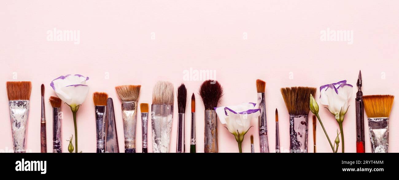 Art pink background. Row of different brushes and flowers. Banner format Stock Photo