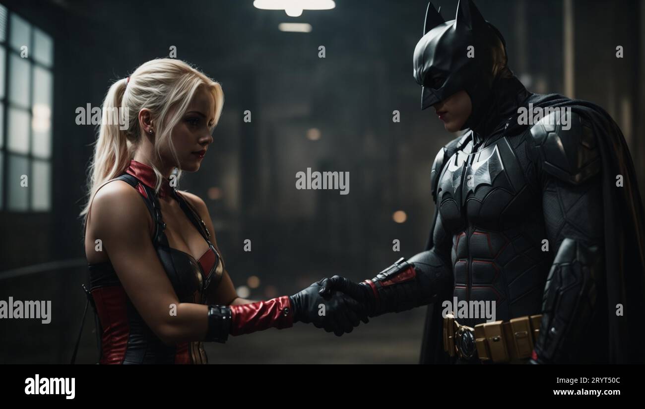 An image of two people, one in a Batman costume and the other in a Harley Quinn costume, facing each other in a dark setting Stock Photo