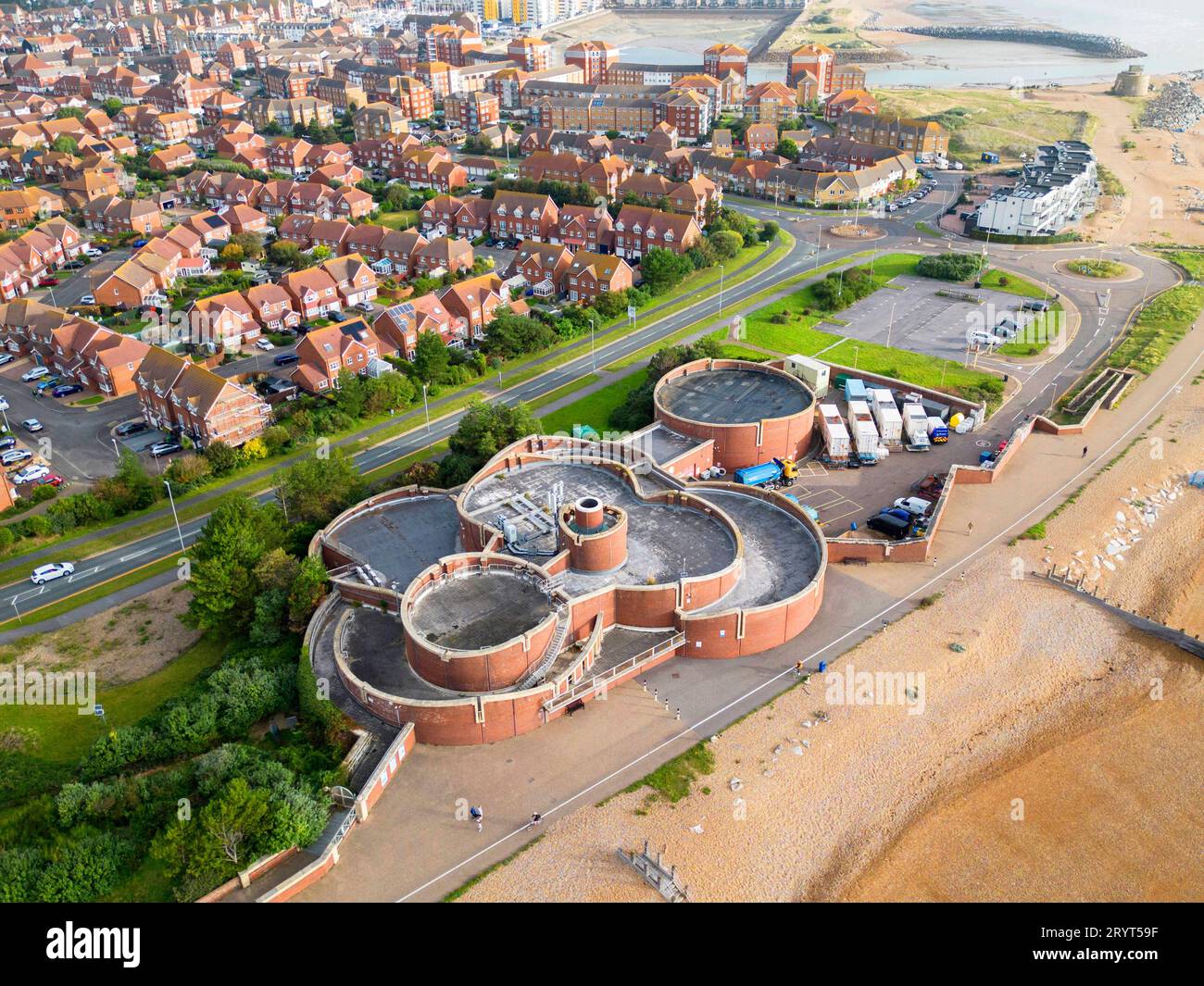 aerial view of southern water's sewage processing facility on the beach at eastbourne in East