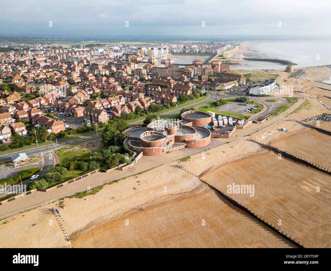 aerial view of southern water's sewage processing facility on the beach at eastbourne in East