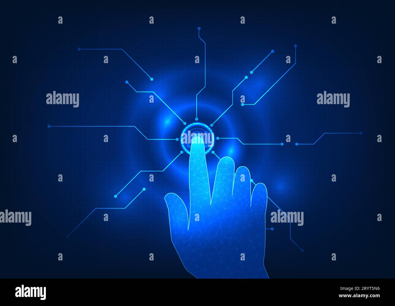 Fingers are pressing buttons and showing technology circuits on grid pattern background. The concept of human beings is behind the development of tech Stock Vector
