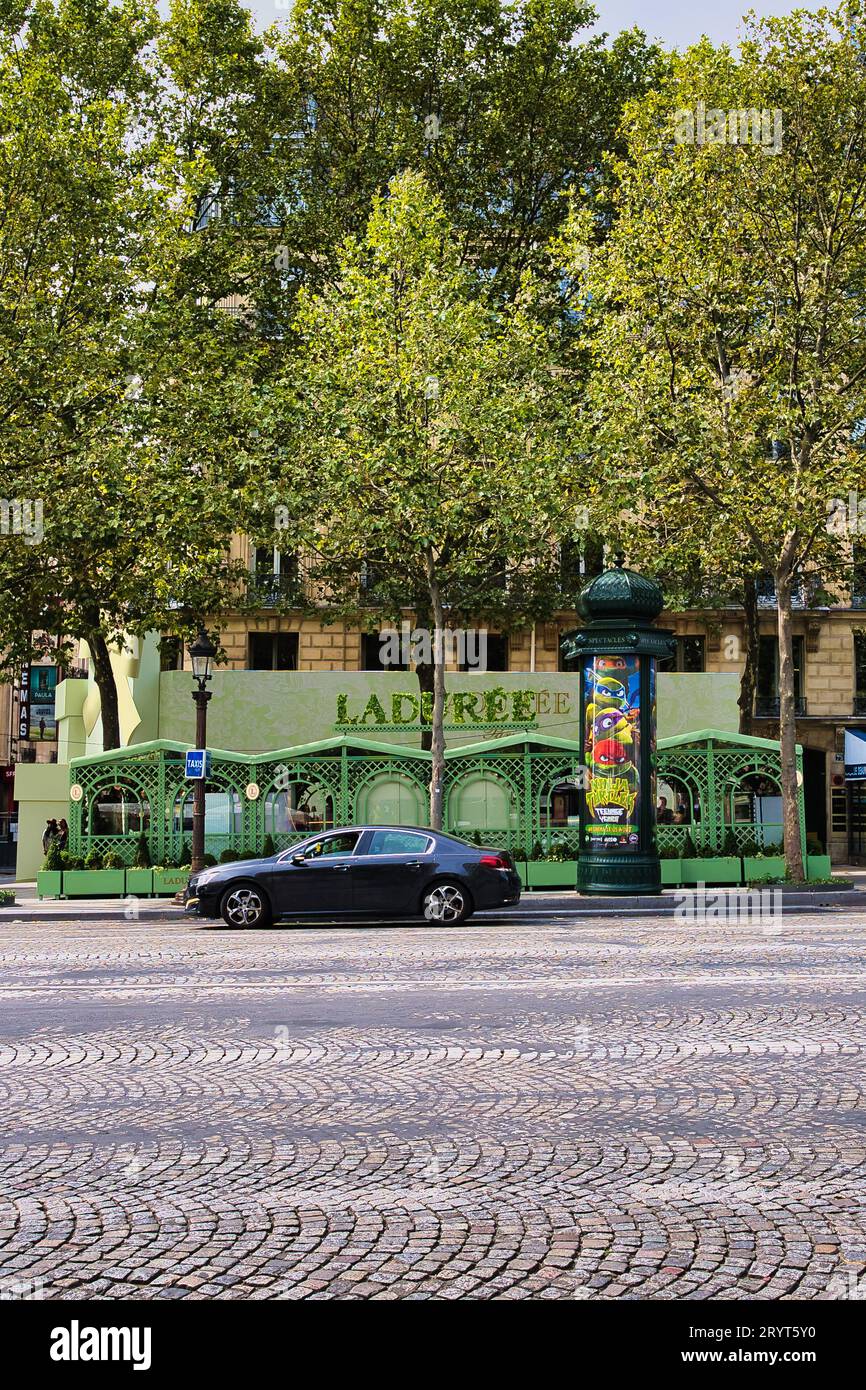 France, Paris, 20.08.2023, Ladurée Paris Champs Elysées, Maison Ladurée, Opened in 1997 at 75 Avenue des Champs-Elysées, the Maison wanted to recreate Stock Photo
