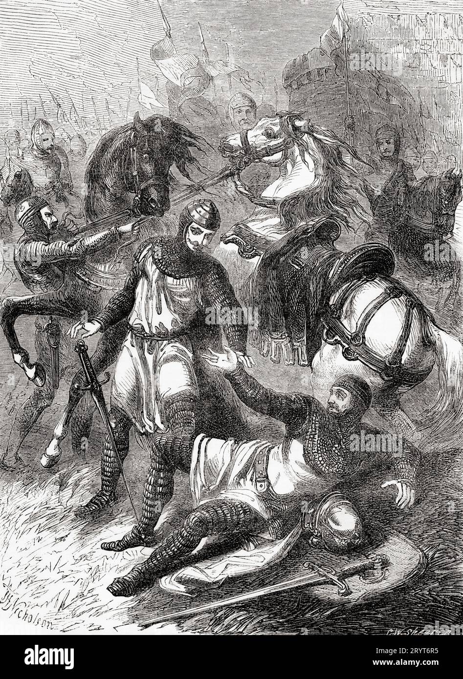 Robert Curthose the son of William the conqueror asking for forgiveness for unseating and wounding his Father William I in battle, 1079. William I, c. 1028 - 1087, aka William the Conqueror and William the Bastard.  First Norman king of England. From Cassell's Illustrated History of England, published 1857. Stock Photo