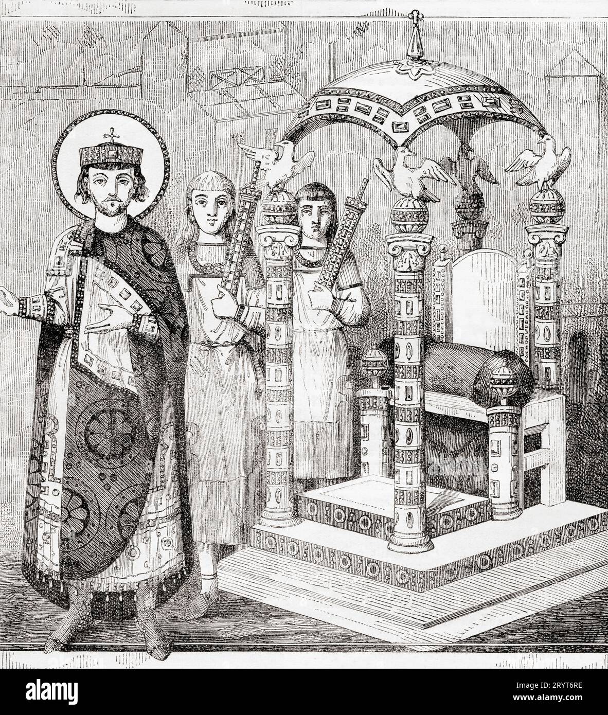 Throne of the Emperor of Constantinople.  From a Greek MS of the 9th century.  From Cassell's Illustrated History of England, published 1857. Stock Photo