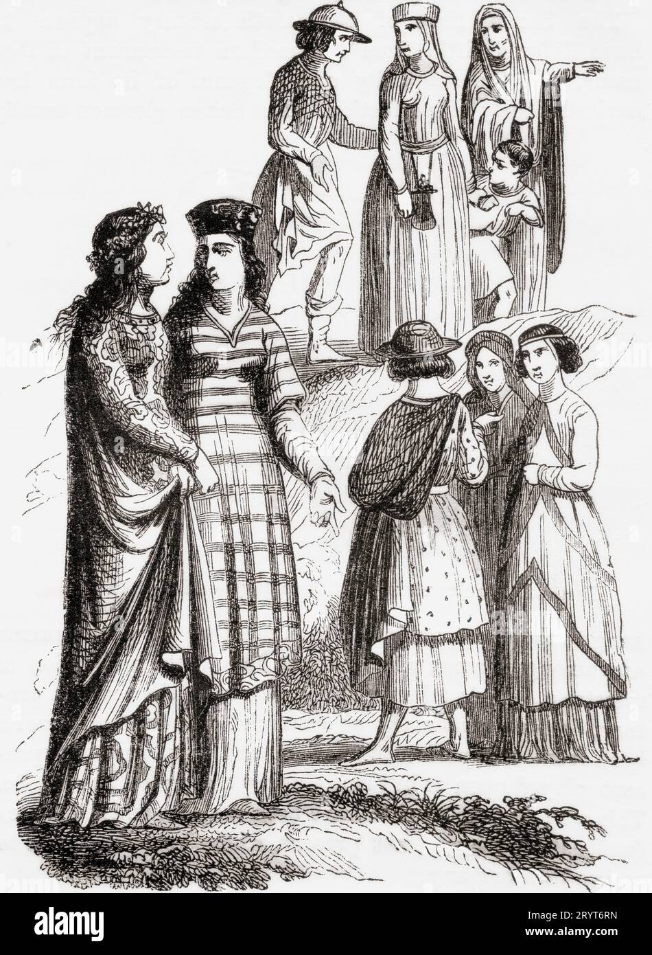 Norman costumes of the 11th century.  Nobles, ladies and citizens.  From Cassell's Illustrated History of England, published 1857. Stock Photo
