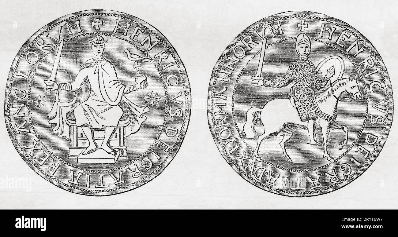 The Great Seal of Henry I.  Henry I, c. 1068 – 1135, aka Henry Beauclerc.  King of England, 1100 - 1135.  From Cassell's Illustrated History of England, published 1857. Stock Photo