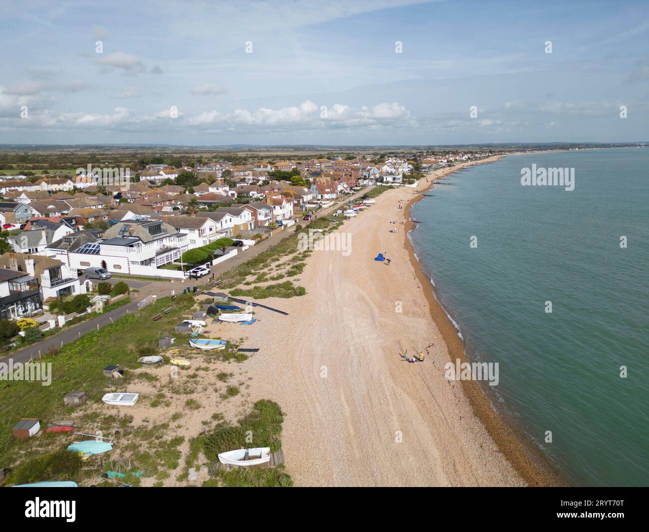 aerial view of houses on the beach at pevensey bay in East Sussex Stock