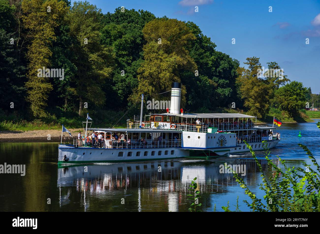 The historic paddle steamer LEIPZIG navigates upstream on the river Elbe, Pillnitz, Saxony, Germany, August 24, 2016, for editorial use only. Stock Photo