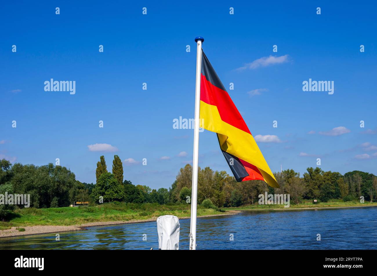 The flag of the Federal Republic of Germany at the stern of an Elbe steamer, travelling on the river Elbe between Dresden and Pirna, Saxony, Germany. Stock Photo