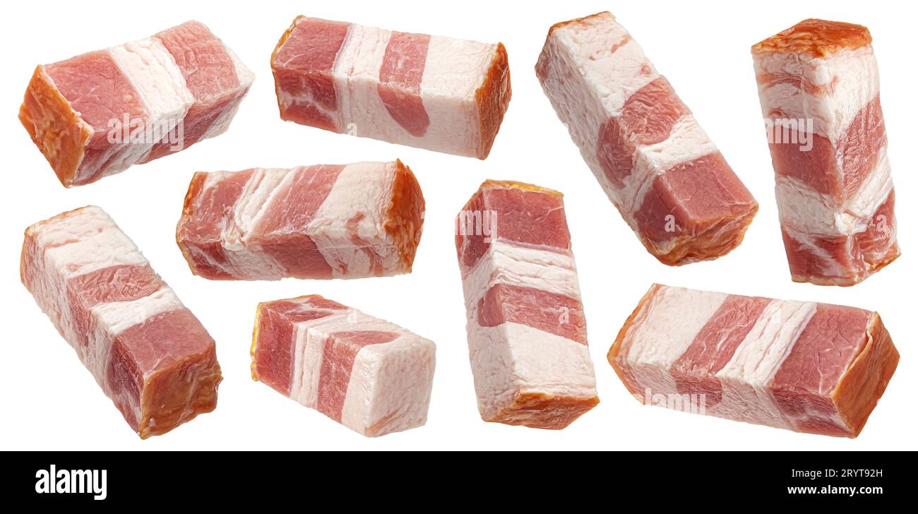 Italian pancetta, bacon cubes isolated on white background Stock Photo