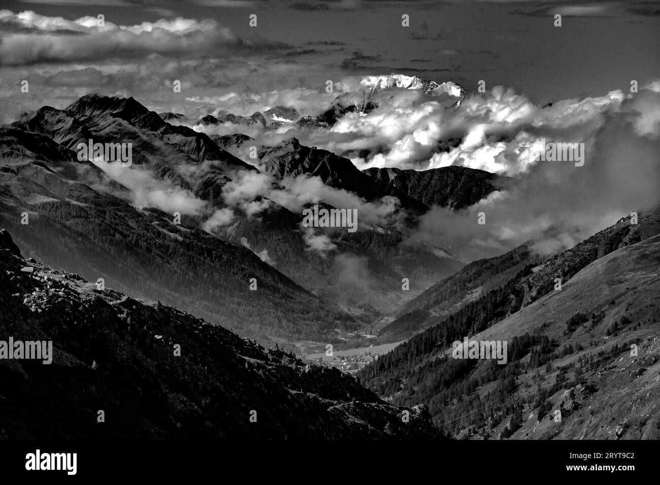 View from , Grimsel Pass, Furka Pass Switzerland showing Grimsel Pass Road looking towards Mont Blanc and along the Rhone Valley September 2023. Gletc Stock Photo