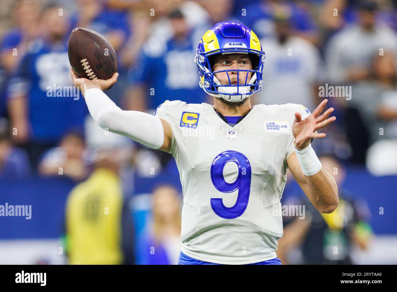 October 1, 2023: Los Angeles Rams quarterback Matthew Stafford (9) passes  the ball during NFL game action against the Indianapolis Colts in  Indianapolis, Indiana. Los Angeles defeated Indianapolis 29-23 in overtime.  John