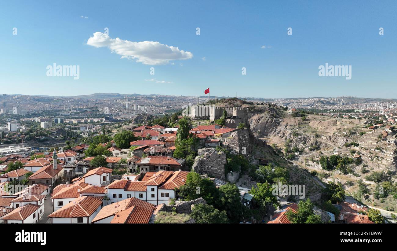 Ankara Castle BC. It was built in the 5th century. A view from the castle walls. A repair inscription from the Turkish period. Stock Photo