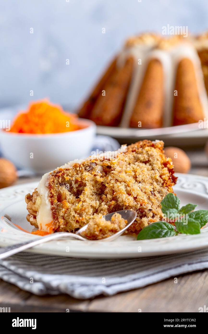 Piece of delicious carrot cake. Stock Photo