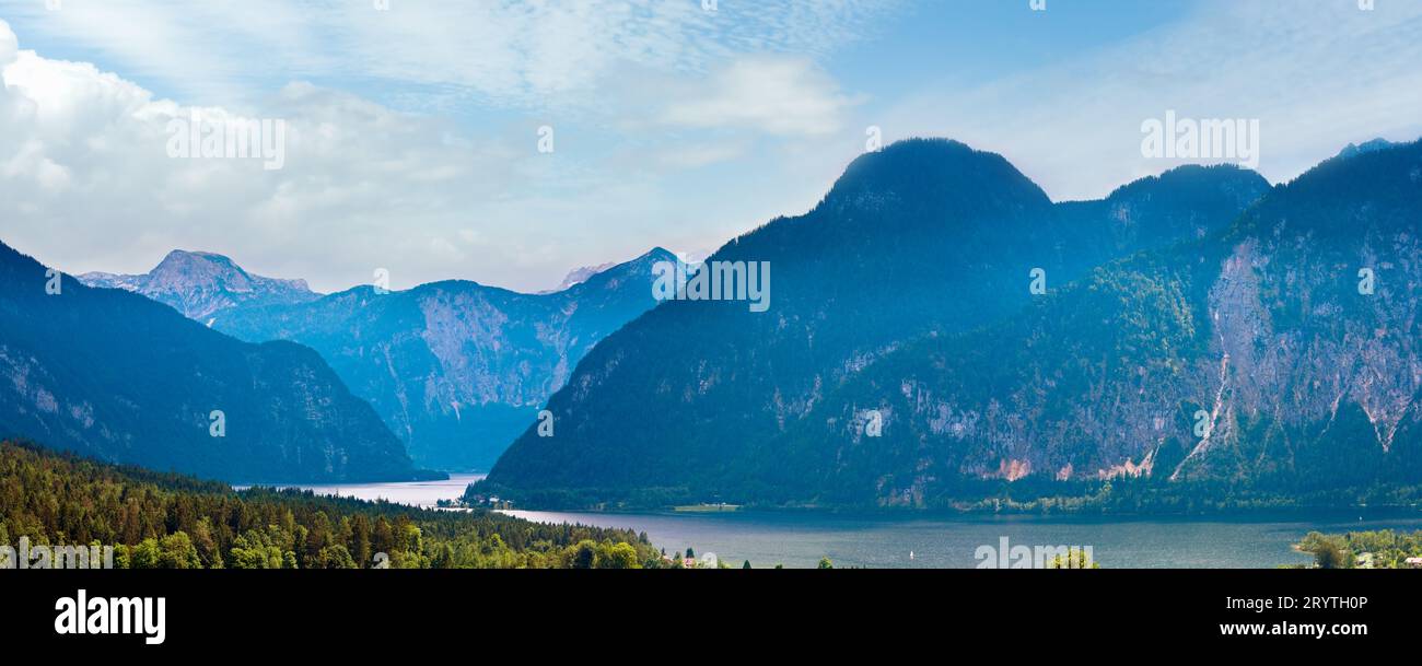 Beautiful summer Alpine  lake Hallstatter See panorama view (Austria). Stock Photo