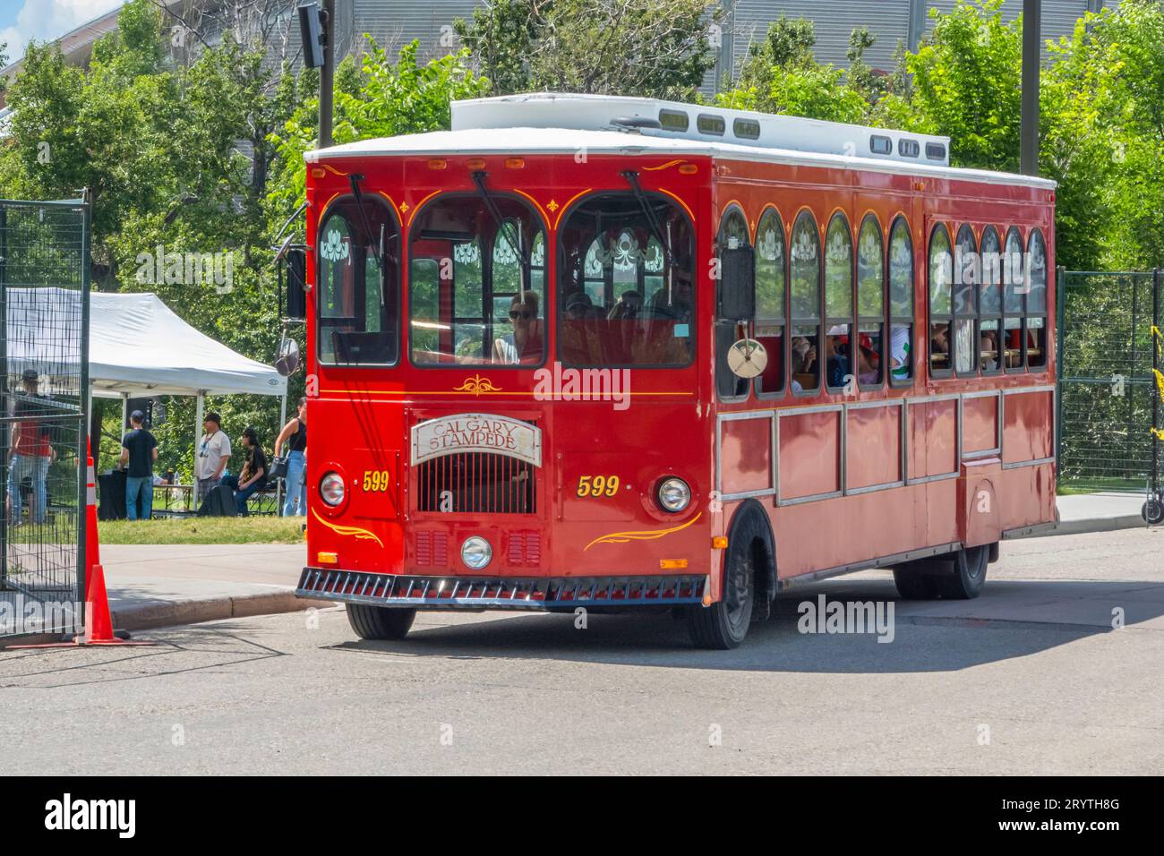 Calgary, Alberta, Canada. Jun 27, 2023. A Calgary Stampede trolley tours bus shuttle. Stock Photo