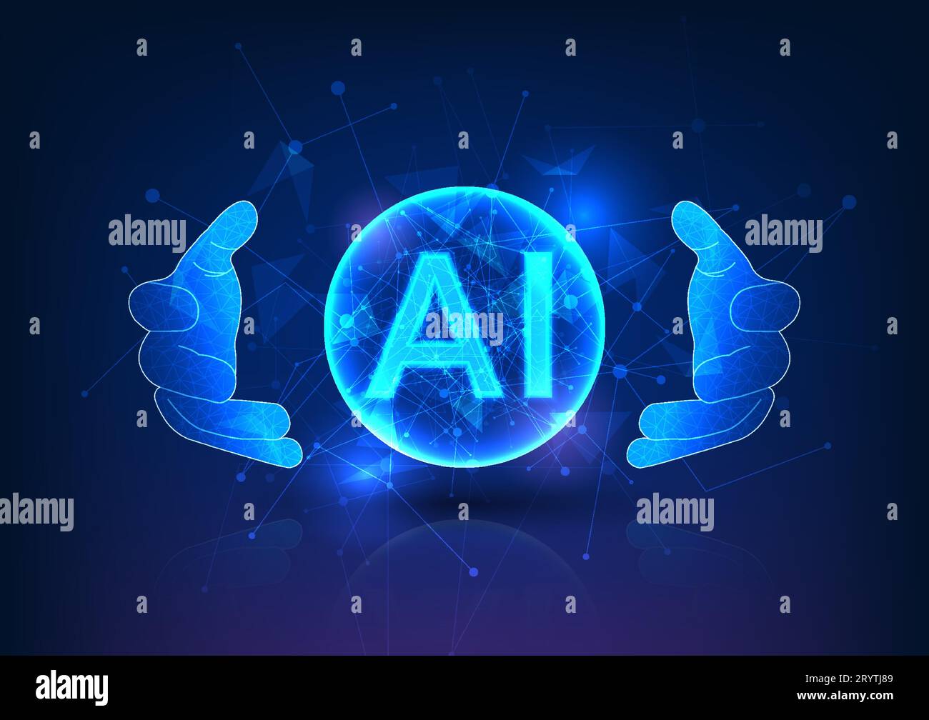 Power of human-created artificial intelligence. With glowing AI letters inside a circle held by hands, it represents technology's role in business, fo Stock Vector