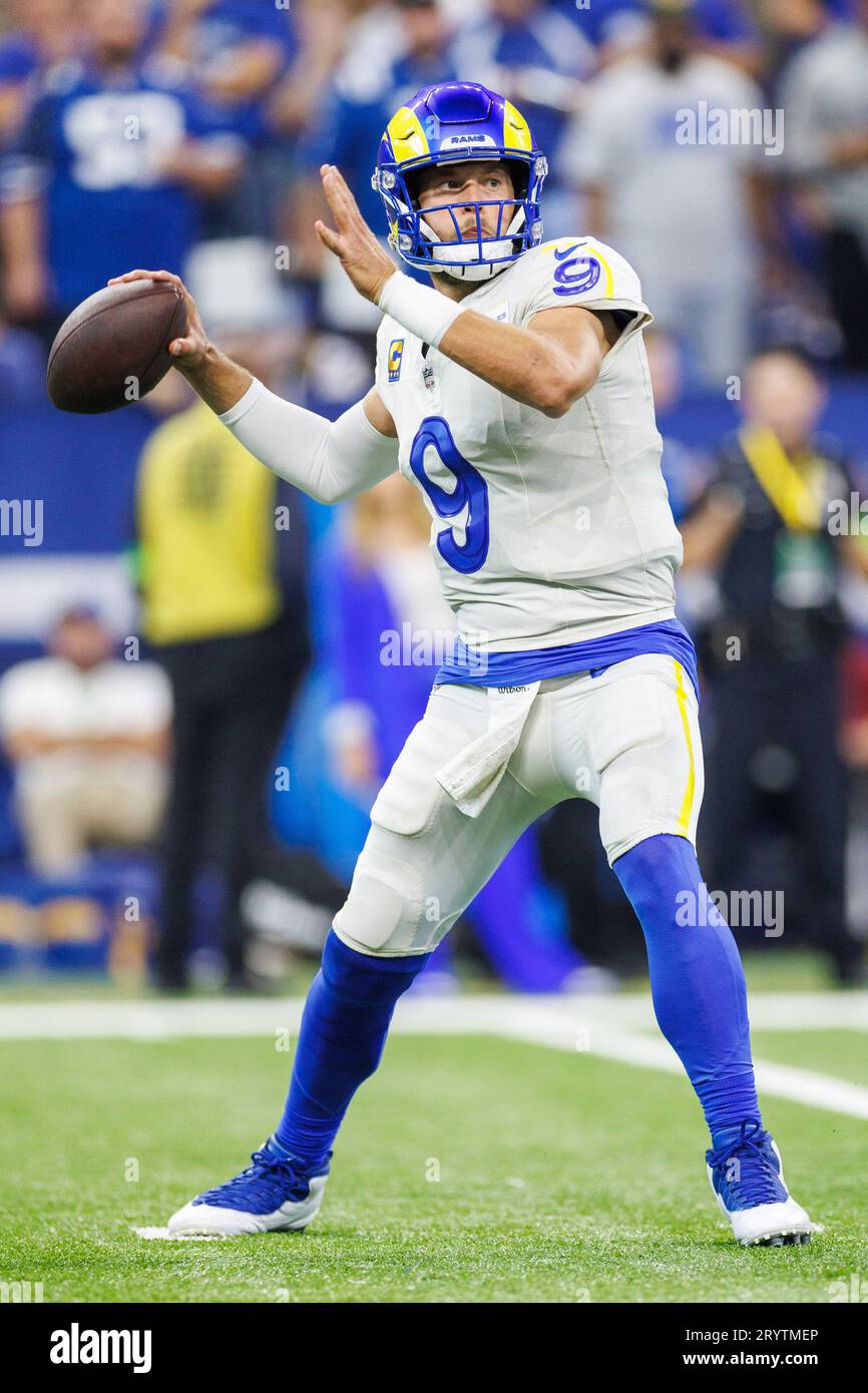 October 1, 2023: Los Angeles Rams quarterback Matthew Stafford (9) passes  the ball during NFL game action against the Indianapolis Colts in  Indianapolis, Indiana. Los Angeles defeated Indianapolis 29-23 in overtime.  John