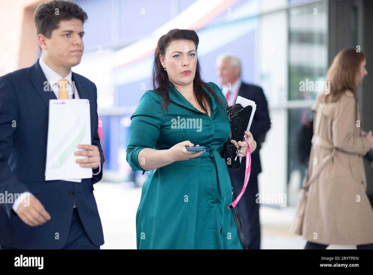 Alicia Kearns MP, with matching outfit and phone case, during the Conservative Party Conference at Manchester Central Convention Complex, Manchester on Monday 2nd October 2023. (Photo: Pat Scaasi | MI News) Credit: MI News & Sport /Alamy Live News Stock Photo