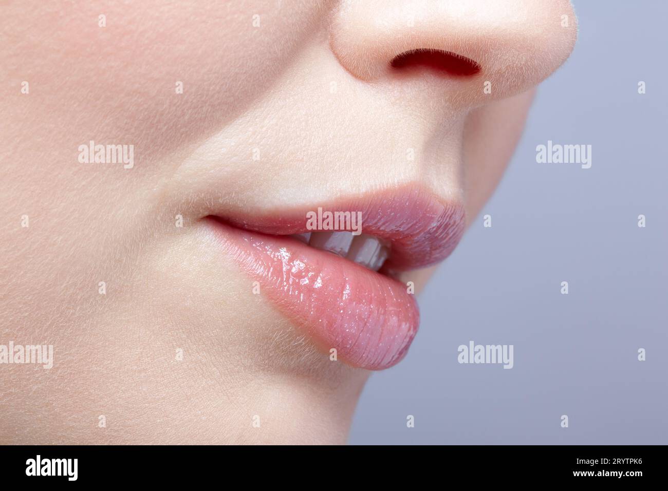 Human mouth and nose. Closeup macro portrait of female part of face. Woman lips with day beauty makeup. Stock Photo