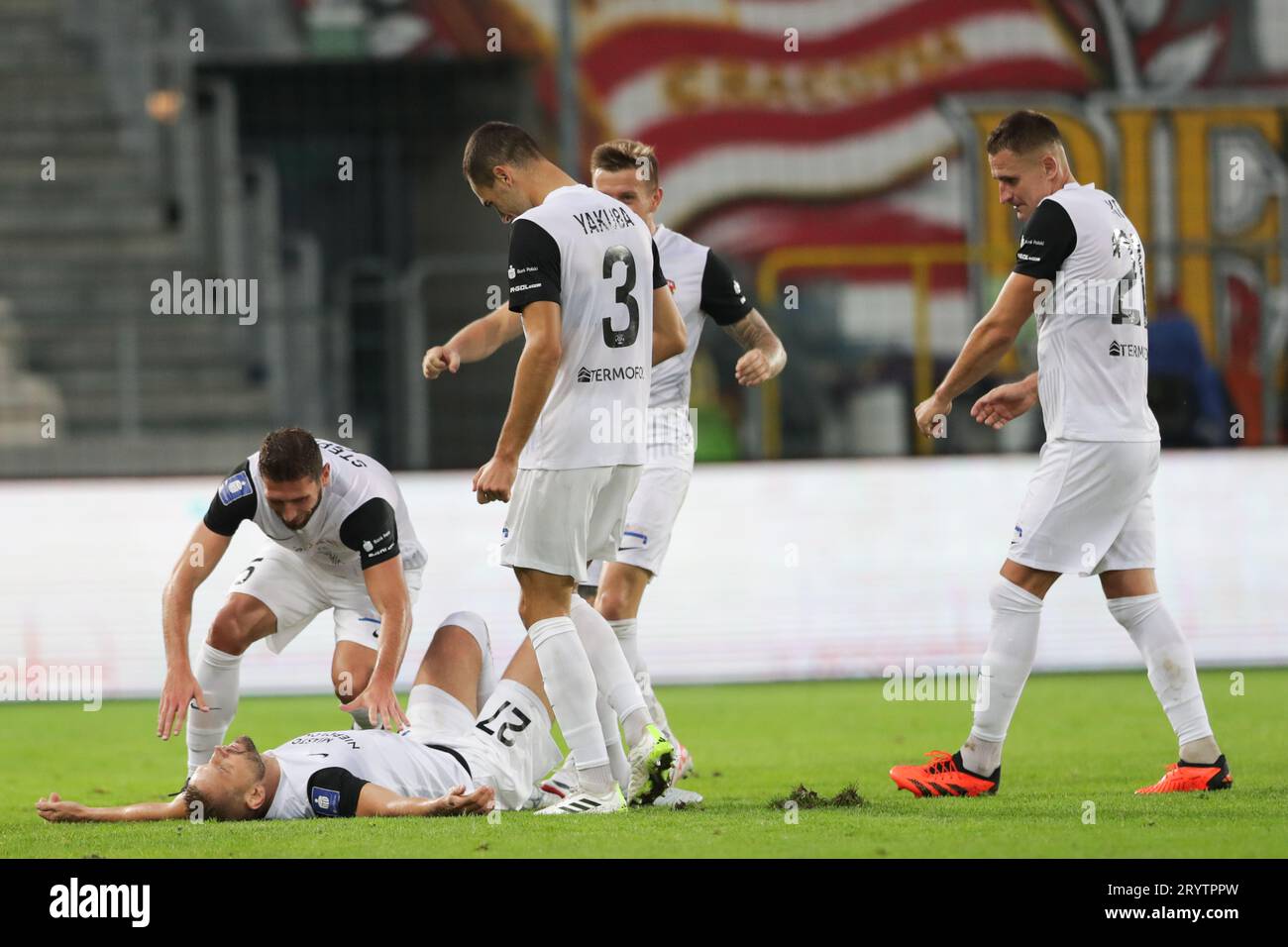 Players of Puszcza Niepolomice celebrate a goal during the Polish PKO