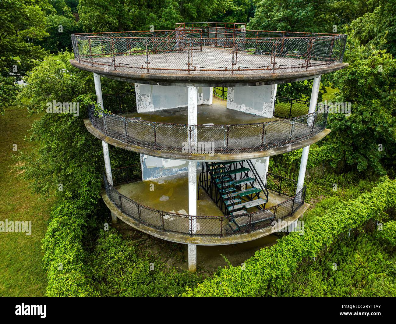 An aerial view of abandoned judging stand overlooking Orchard Beach Lagoon in the Bronx, New York Stock Photo