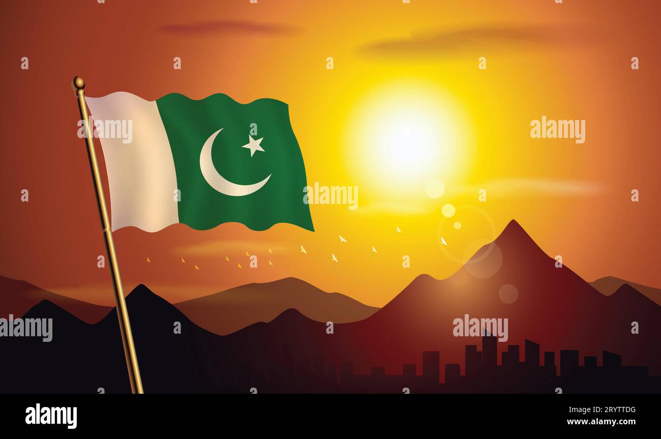 Pakistan flag with sunset background of mountains and lakes Stock