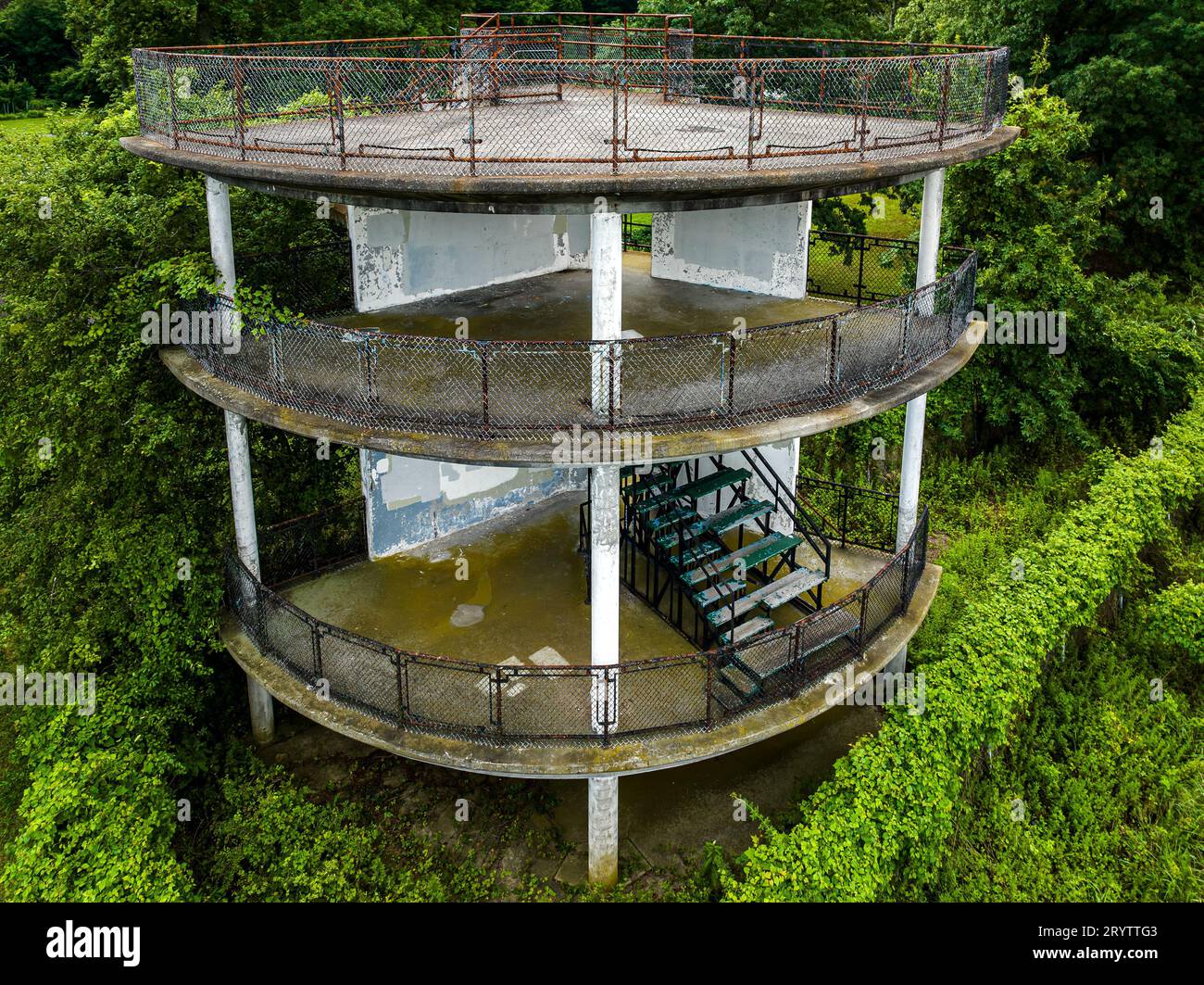 An aerial view of abandoned judging stand overlooking Orchard Beach Lagoon in the Bronx, New York Stock Photo