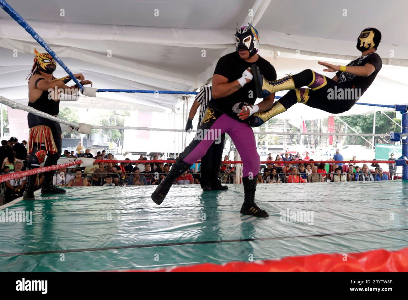 Non Exclusive: October 1, 2023, Mexico City, Mexico: Masked men participate in the popular Wrestling function in the croquette  for homeless dogs, in Stock Photo