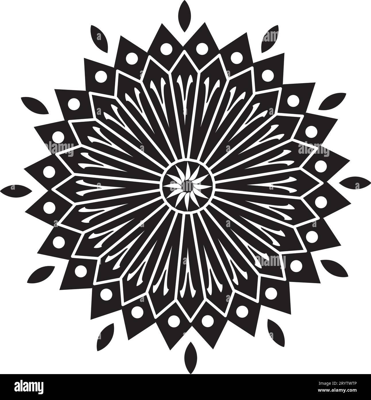Mandala - Flower Star Sun Illustration, Nature, Energy Circle Round Beautiful Symmetry Harmony Symbol in Black and White Stock Vector