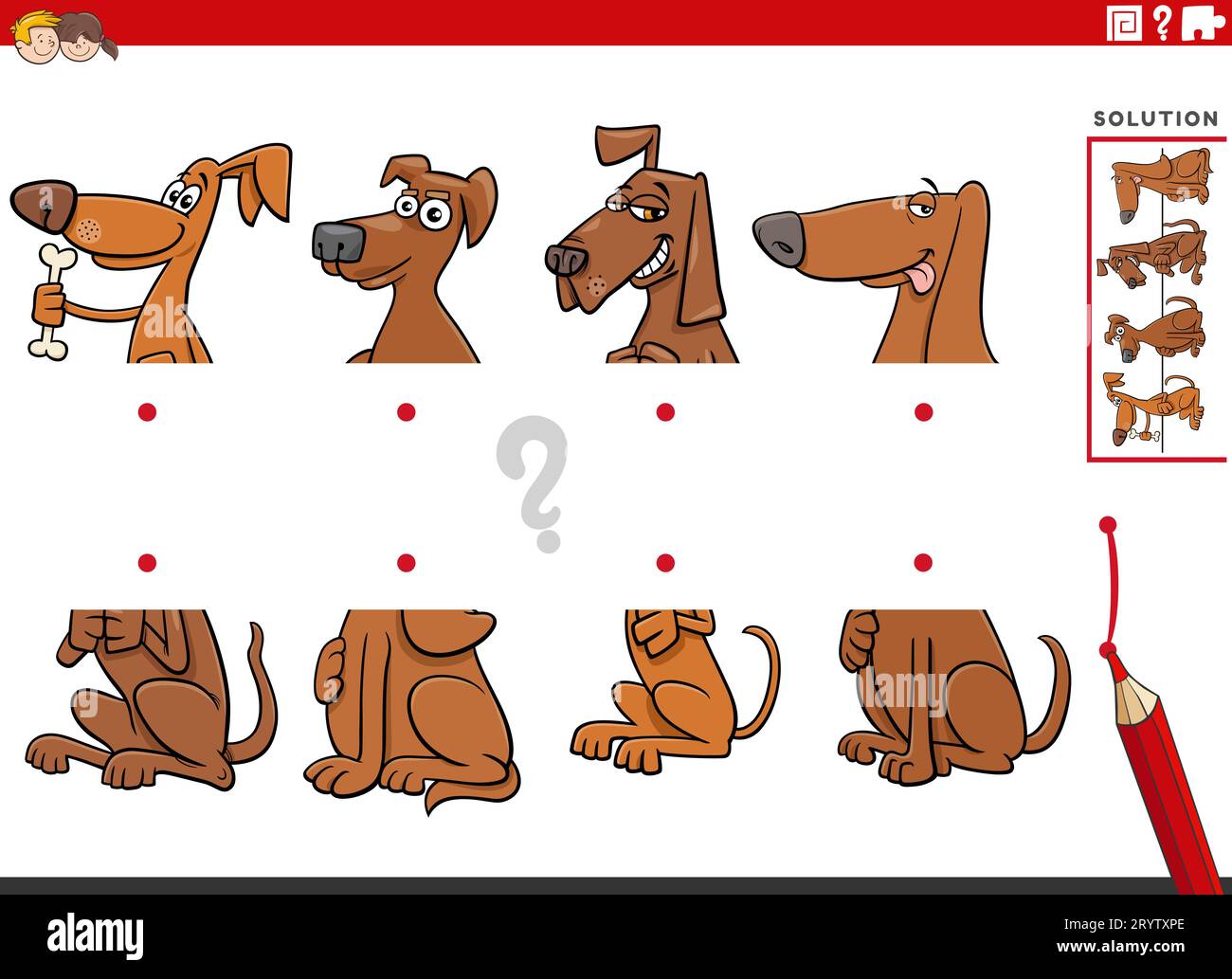 Cartoon illustration of educational task of matching halves of pictures ...